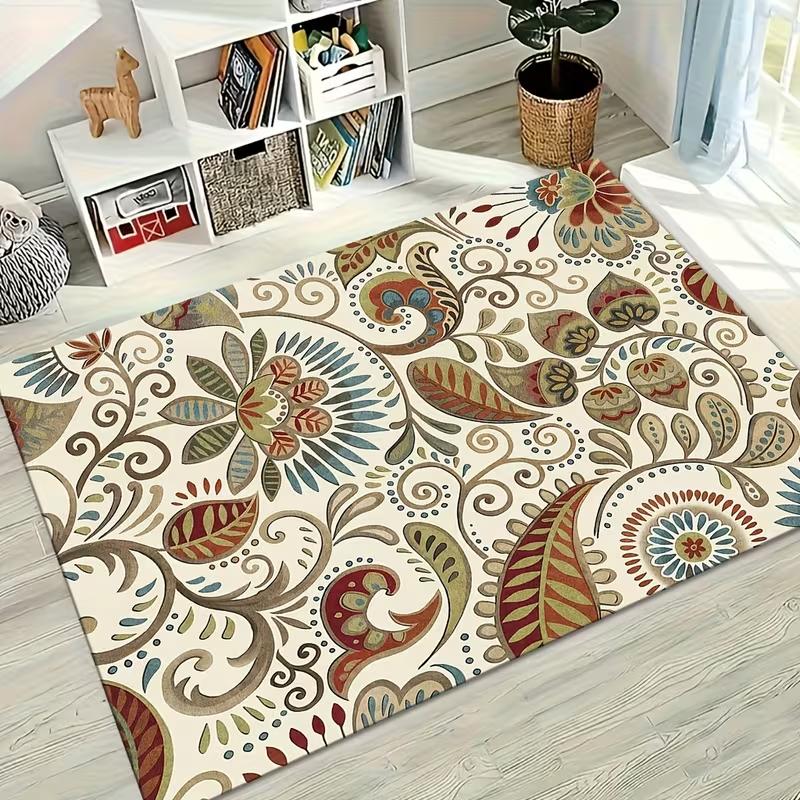 

Vintage Boho Floral Geometric Print Rug Soft Non-Slip Living Room Carpet Moroccan Tile Flower Floor Mat Farmhouse Decor Rug 40x60cm