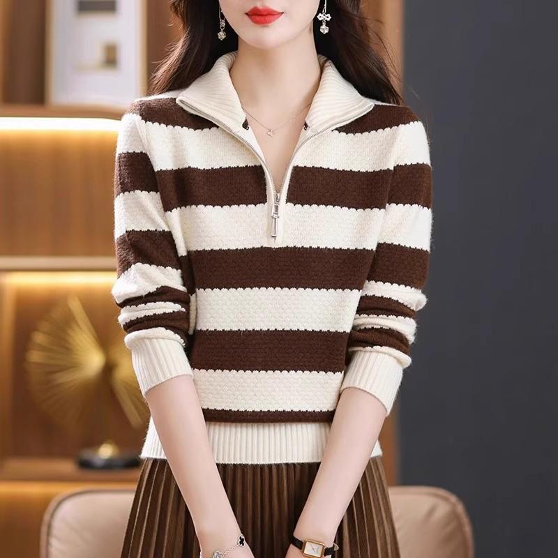 Striped Half-Zip Lapel Knit Sweater – Women's Autumn/Winter Slimming Base Layer