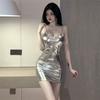 2026 new style pure desire wind hanging neck big halter super short hip skirt sexy low-cut tight suspender dress
