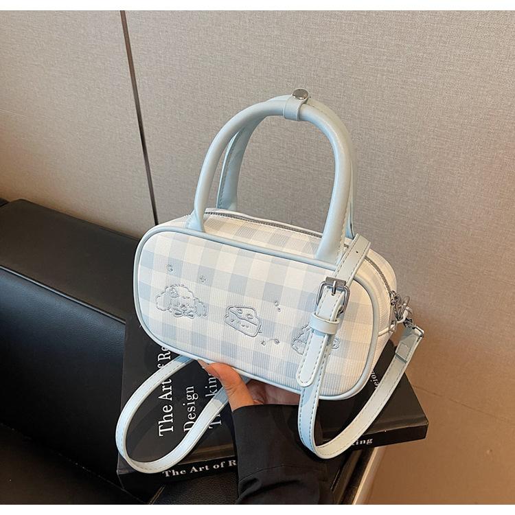 Cute Plaid Portable Boston Bag Women 2025 New Niche Design Messenger Bag Korean Version of Foreign Style Shoulder Bag Tide