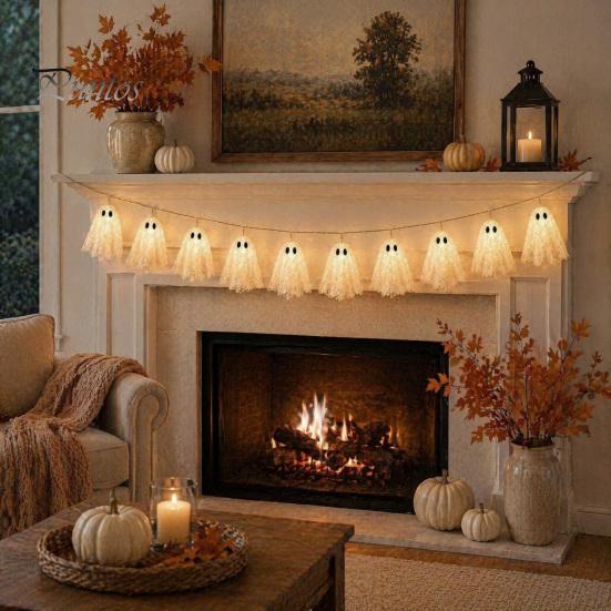 Cute Ghost Ornaments for Bedroom 6.6FT Halloween Light Up Garland, Lace LED Fairy String Light, Warm White Lights Home Spooky Hanging Bunting