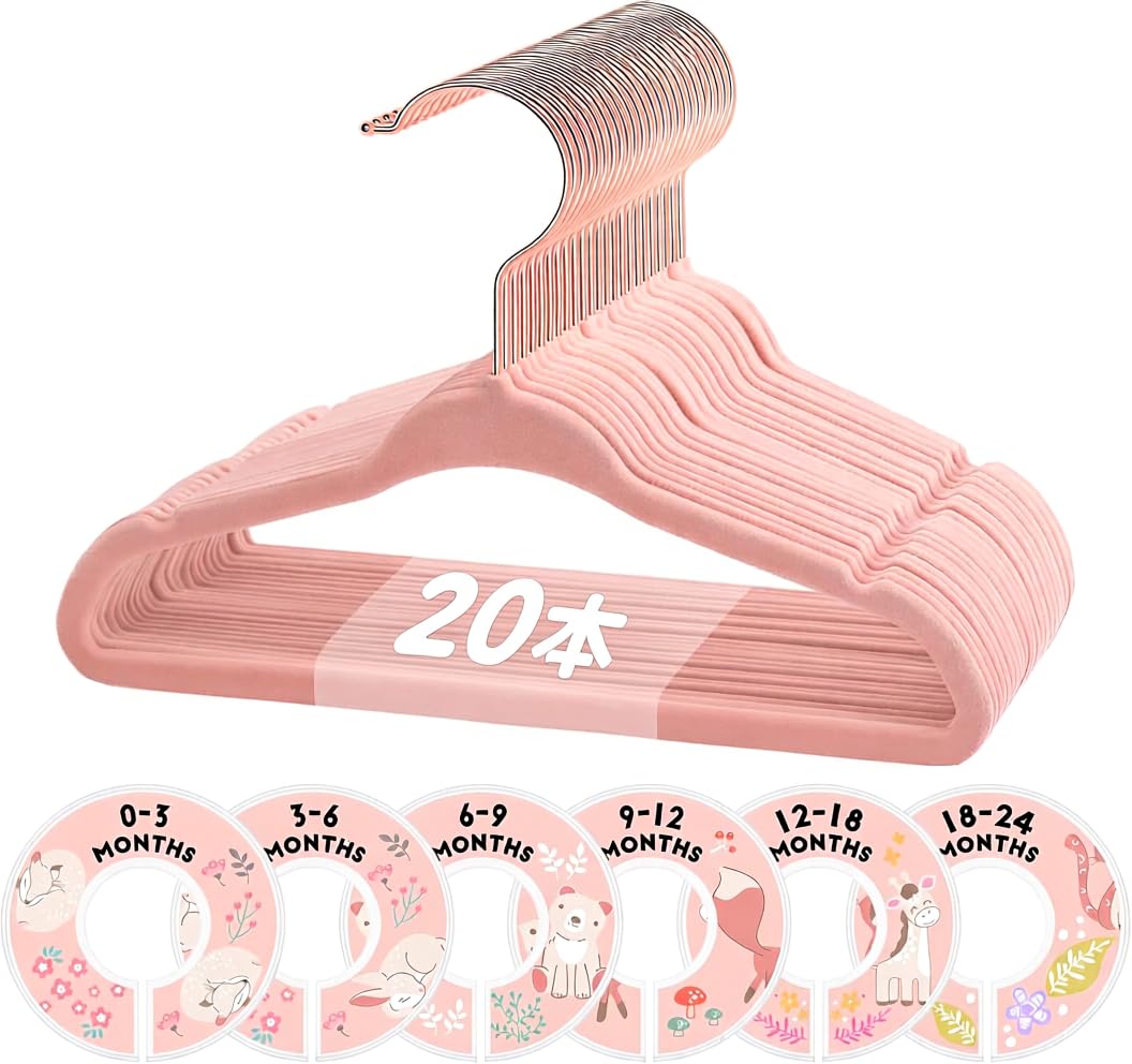 

DOIOWN Baby for Babies and Includes 6 Pack of 20 Hangers, Velvet, Non-Slip, 28cm, Kids, Size-Dividing Tags, Pink, розовый