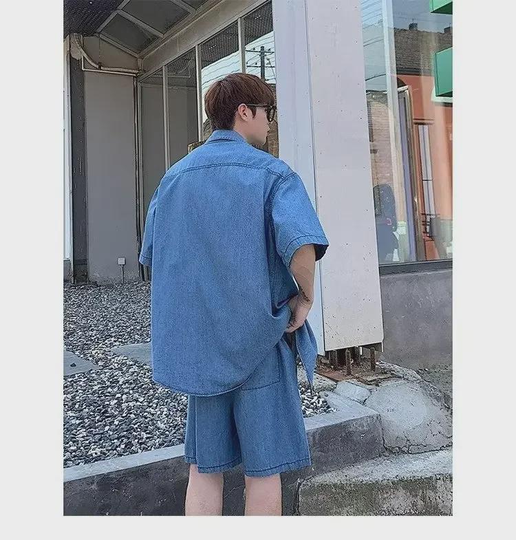 2023 Summer Men's Wash Denim Two-Piece Suit: Short-Sleeved Shirt & Half Pants Casual Set