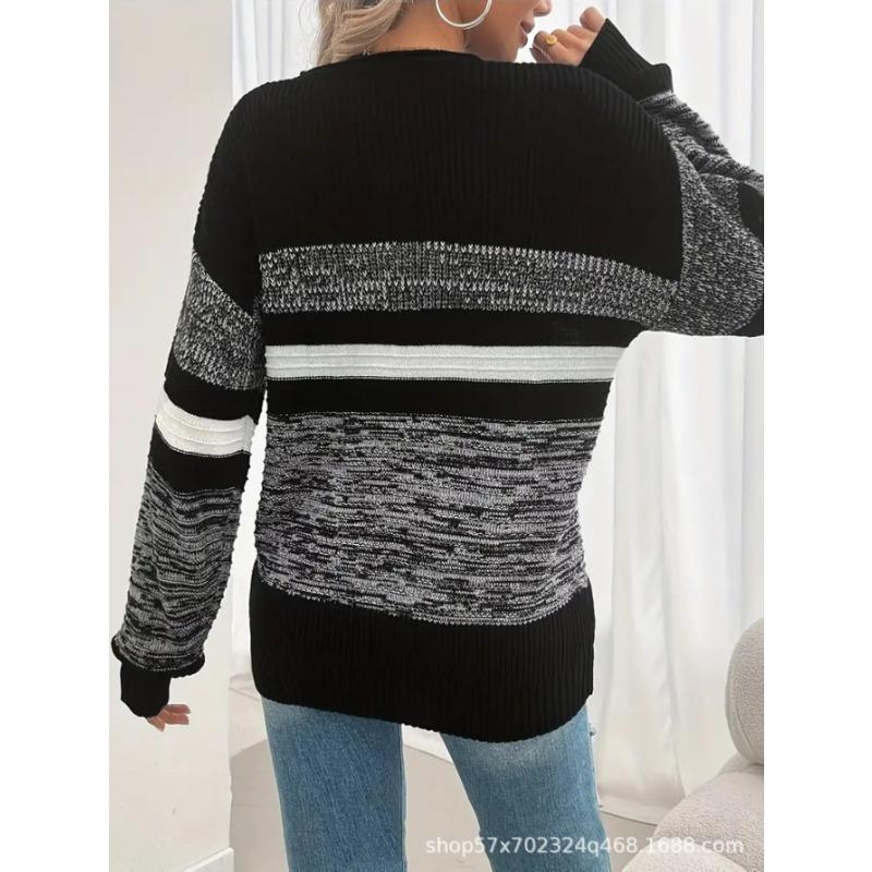 Womens Striped Color Block Crew Neck Loose Long Sleeve Knit Sweater