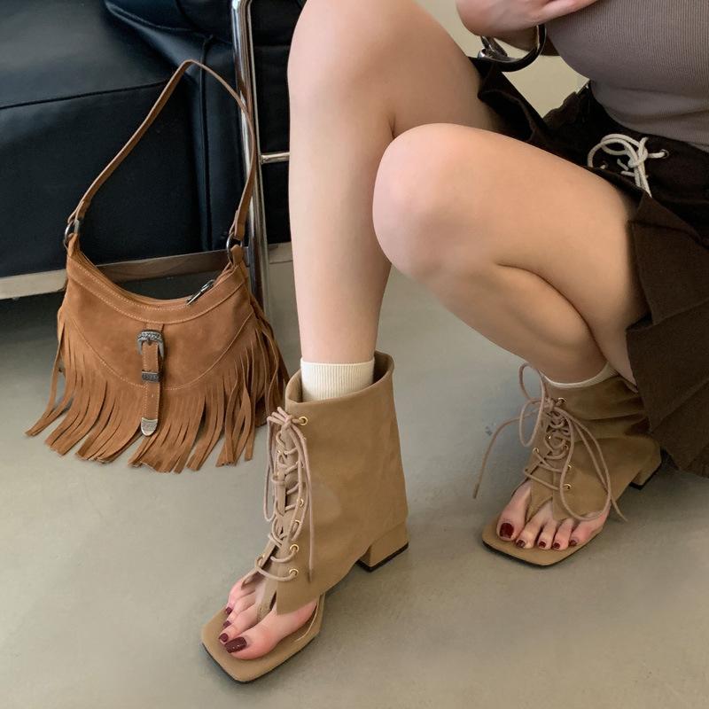 

High heel fashion short boots new thick heel niche toe herringbone cool boots women s head pant tube boots lace-up short boots 40