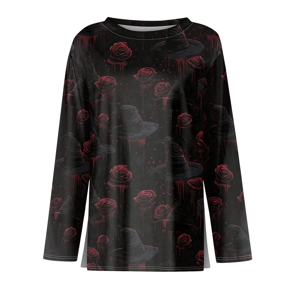 Women's Halloween Print Long Sleeve Round Neck Top with Hem Slit