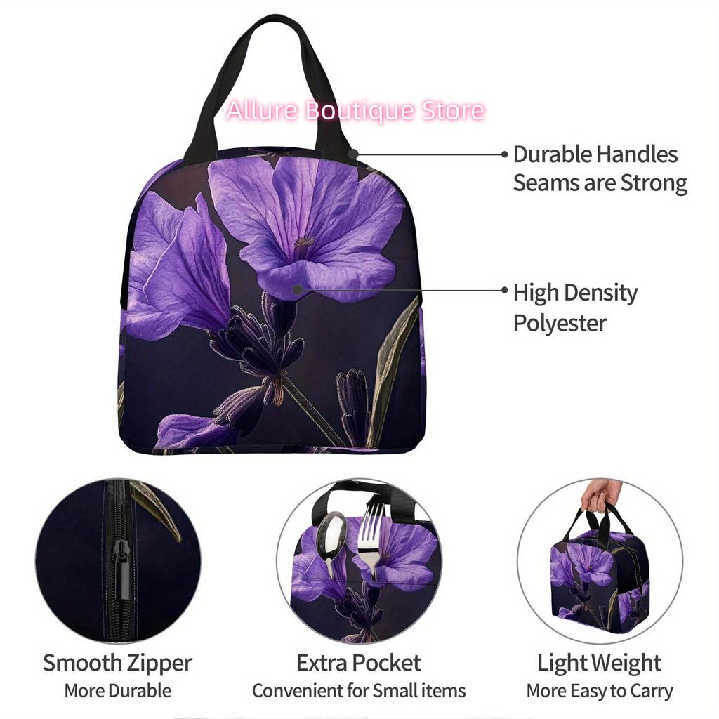 1pc, Purple  Bloom Beautifully Printed Thermal Bag Insulation Lunch Tote for Food Storage - Unisex Portable Reusables