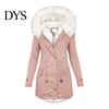 Long Down Jacket Women Winter Cotton Coat Plus Size Faux Fur Hood Fleece-lined Zip-up Temperature Locking Press Button Closure Windproof Mid