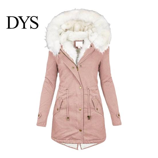 Long Down Jacket Women Winter Cotton Coat Plus Size Faux Fur Hood Fleece-lined Zip-up Temperature Locking Press Button Closure Windproof Mid