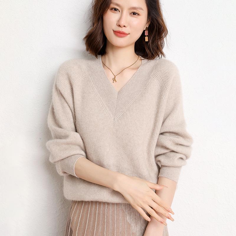 2024 Autumn/Winter Women's V-neck Cashmere Sweater - Long Sleeve, Thickened, Loose Knit Pullover