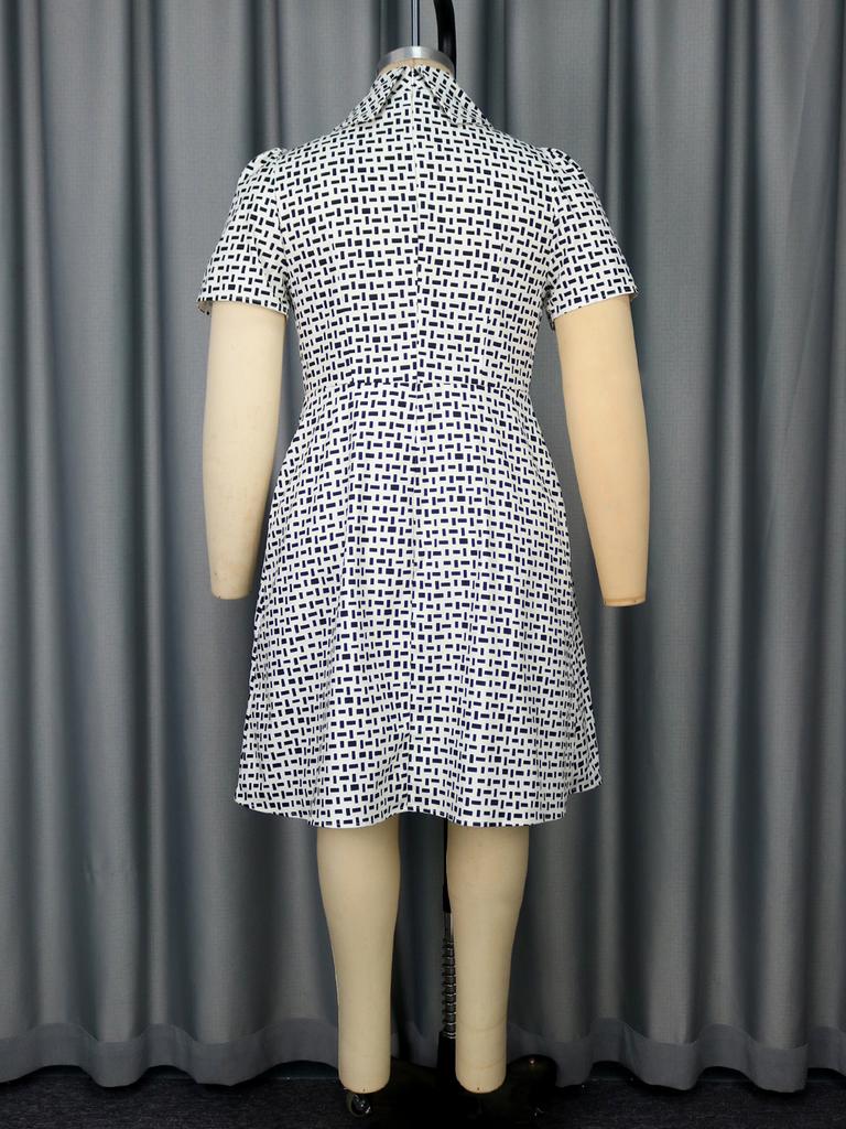 AOMEI White Women Dresses Short Sleeve Printed Slim Fit Knee Legnth Office Work Dress Plus Size