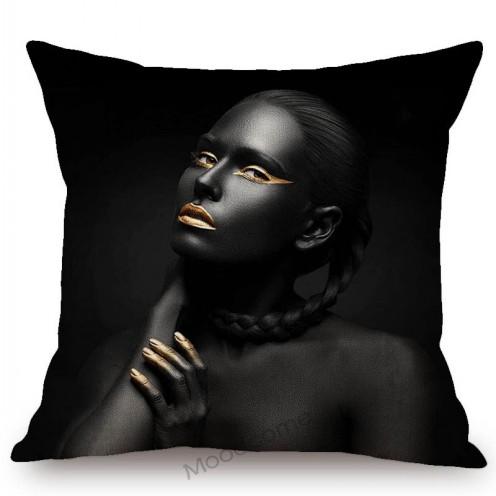 Black Gold African Lady Girl Style Modern Fashion Living Room Luxury Looking Decoration Art Sofa Pillow Case Linen Cushion Cover
