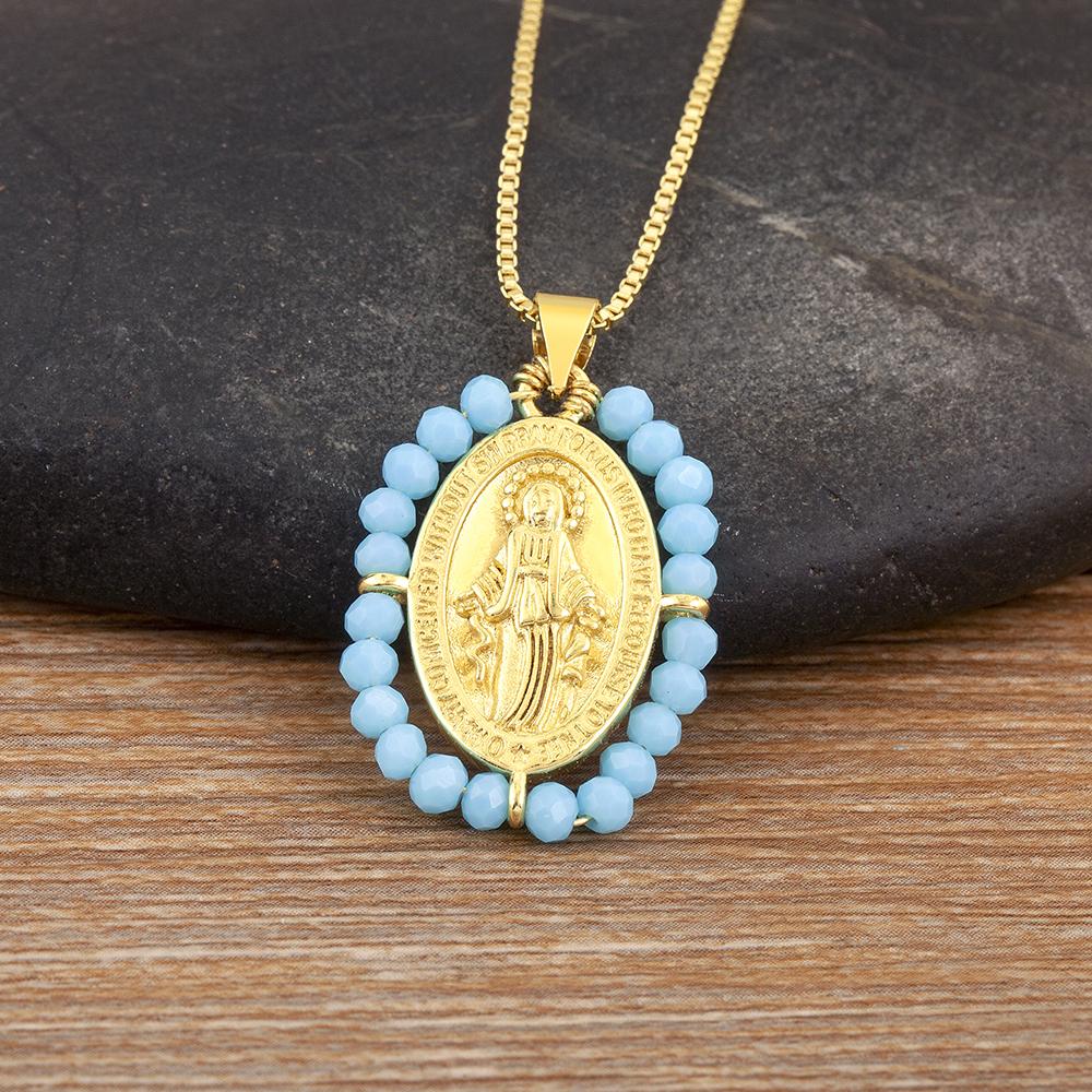 

Nidin Hot Sale Virgin Mary Relief Portrait Charm Pendant Necklace For Women Men Oval Shape Pave Beads Chain Choker Jewelry Gifts светло-синий