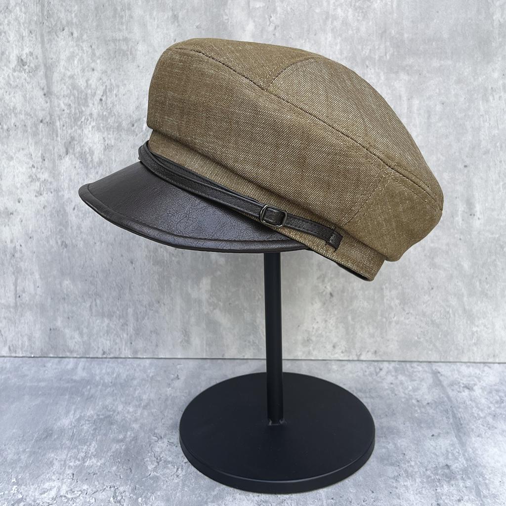 Stylish and Temperamental Leather Brim Splicing Octagonal Hat Female Face Small Versatile Newsboy Hat Double Belt Buckle Wide Brim Cloud Hat