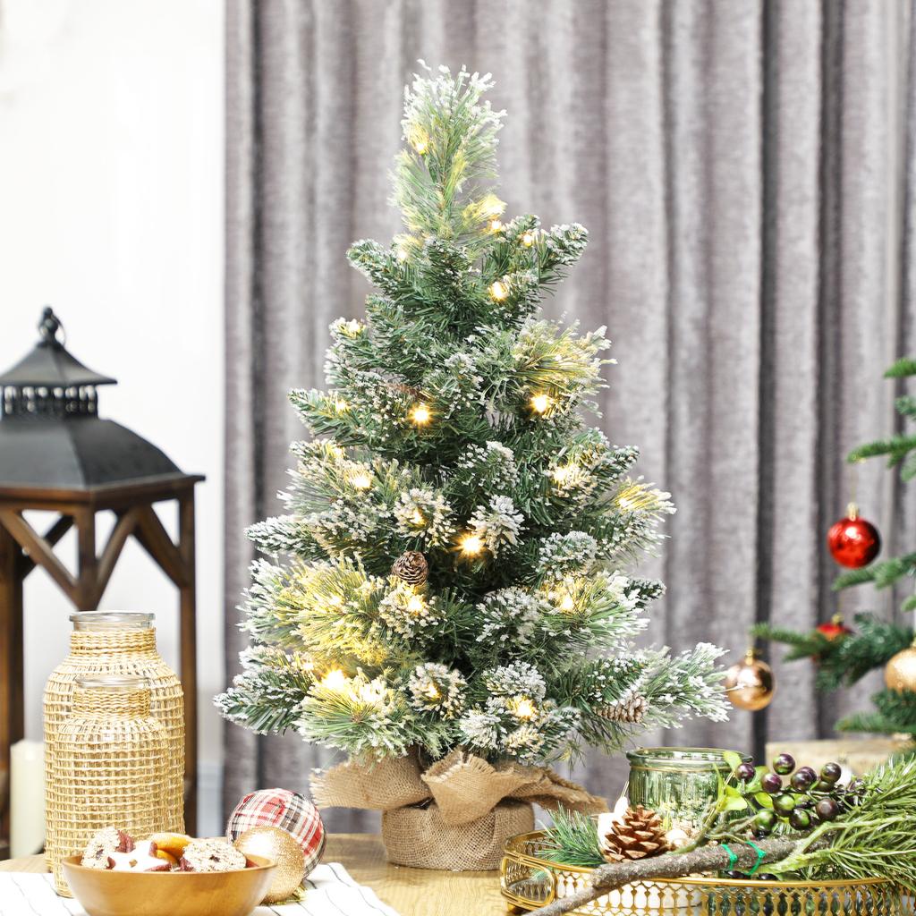 Artificial Christmas Tree 60cm, Mini Flocked Tabletop Christmas Tree with 35 LEDs, Pine Cones, Battery Operated, Green