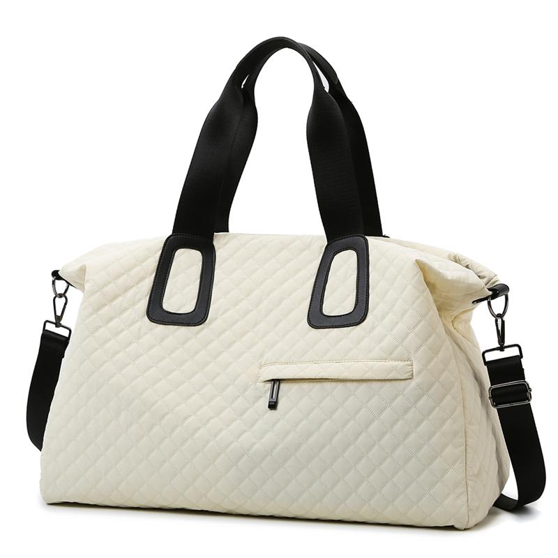 Women's Large Capacity Quilted Travel Duffel Bag with Rhombus Pattern,Solid Color Overnight Bag with Multiple Pockets, Women's Leisure Tote Bag