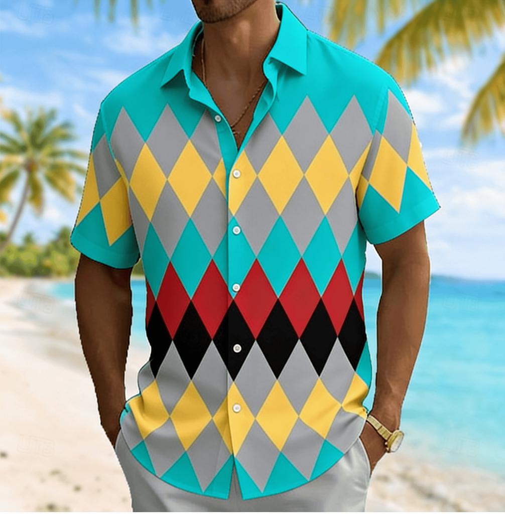 Chemise à Manches Courtes Argyle Color Block pour Homme, Chemisier Décontracté Vacances Printemps Été à Col Rabattu, Haut Coupe Ample