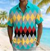 Chemise à Manches Courtes Argyle Color Block pour Homme, Chemisier Décontracté Vacances Printemps Été à Col Rabattu, Haut Coupe Ample