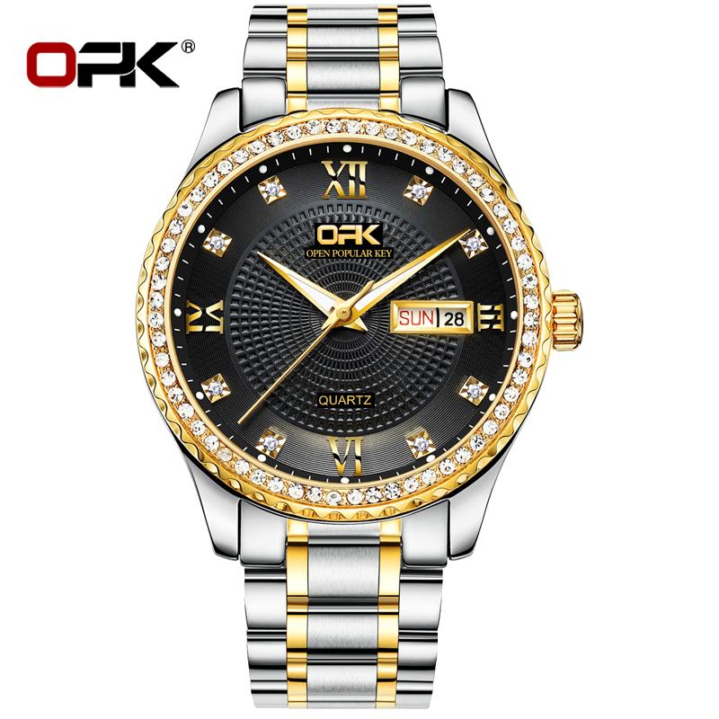 OPK Brand Steel Band Three-Pin Double Calendar Waterproof Men's Quartz Watch 8113