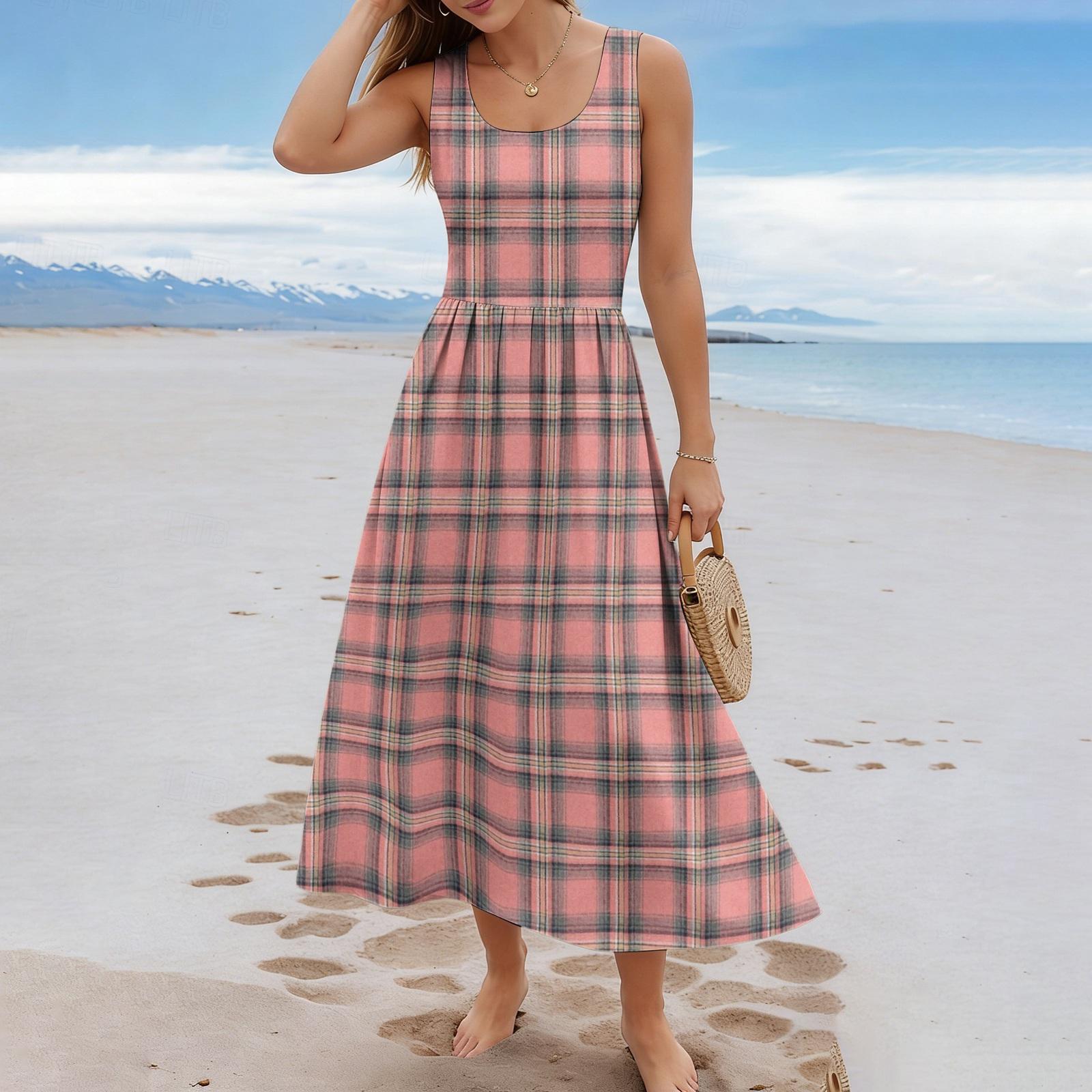 

Women Sleeveless Plaid Maxi Dress Summer Casual Long Dress Lightweight Comfortable Fit and Flare Dress for Everyday Wear L рожевий