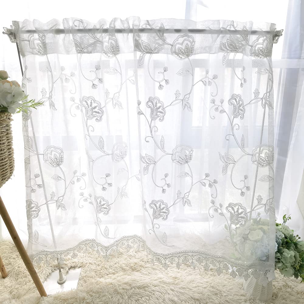 Pureaqu Stylish Floral White Cafe Small Lace Room Half Window Living Coffee 1 Width 200cm X Length 50cm Curtains, Short, Window, Curtains, Partitions,