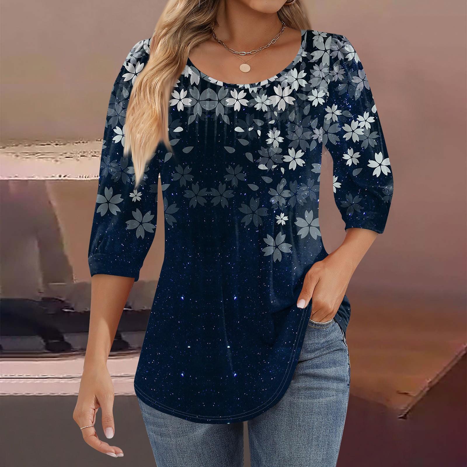 

Женские туники с пышными рукавами 3/4, топы, плиссированные блузки с воротником, повседневные свободные весенне-летние футболки L тёмно-синий
