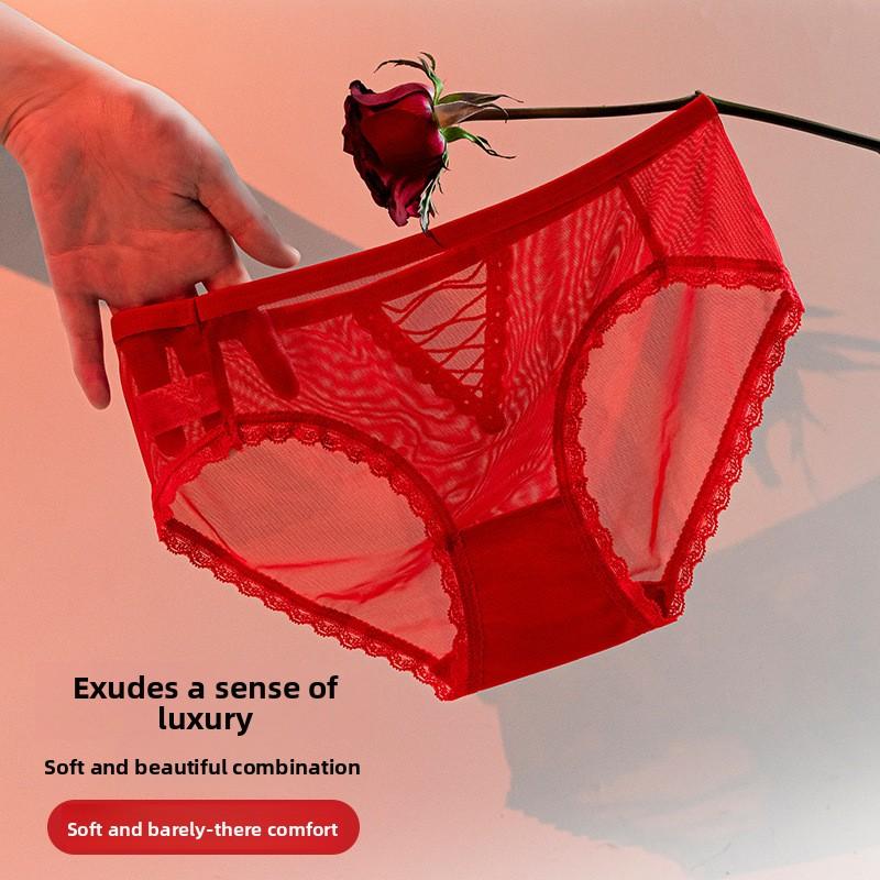 Women's Summer Slim Sexy Lace Edge Half Through Hollowed Out Mesh Low Waisted Triangle Briefs