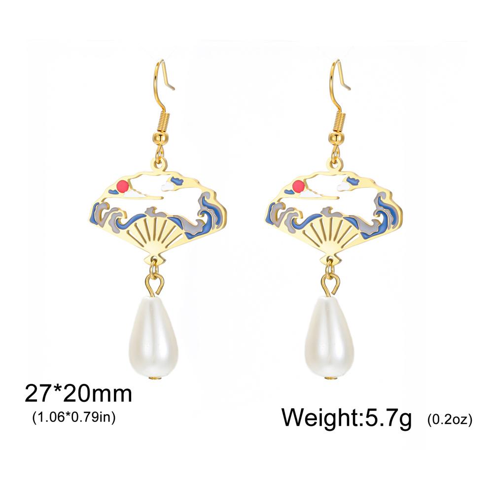 

Wave Sun Fan Dangle Earrings Enamel Japanese Style Stainless Steel Simulated Pearl Long Earrings Vintage Aesthetic Jewelry Gifts