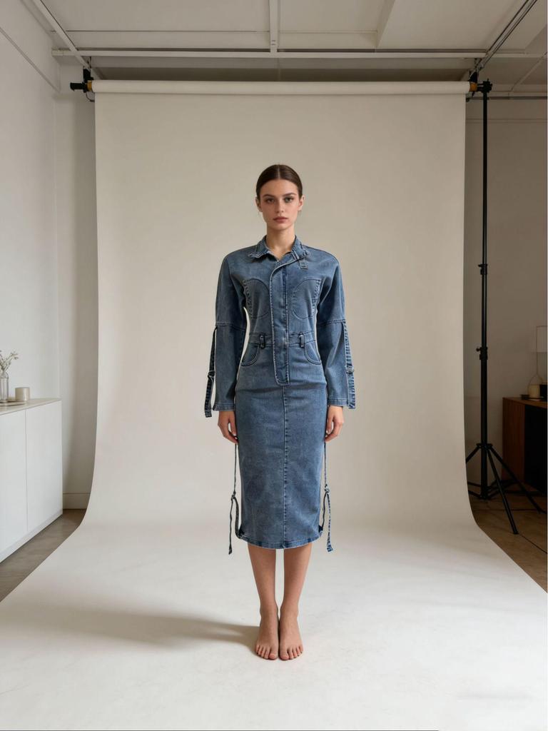 European and American Women's High Waist Unique Denim Maxi Dress