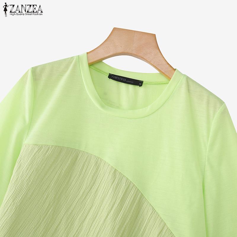 ZANZEA Women Casual Round Neck Short Sleeve Patchwork Irregular Blouse