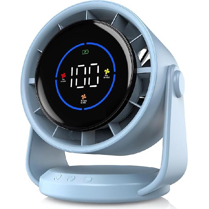 Desk Fan, Turbo Table Fan for Bedroom, 100-Speed Digital Display, Low Noise, 105° Adjustable Tilt, 7.5-inch, Rechargeable Battery, Wall-Mouted
