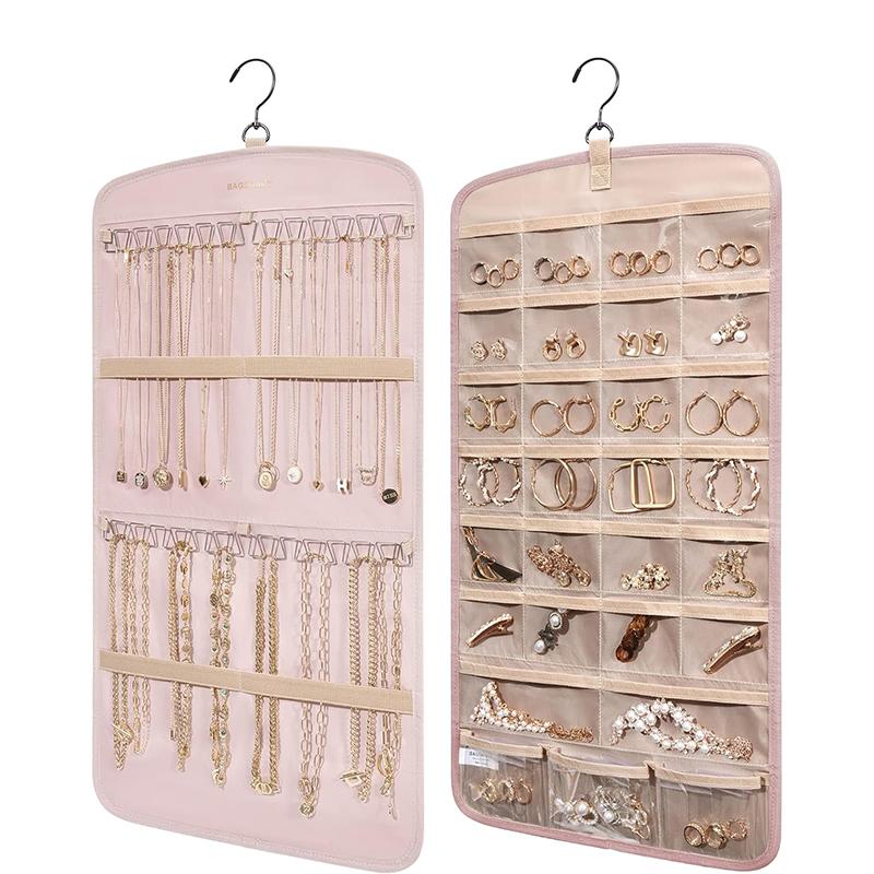 Závěsný organizér na šperky, držák na náhrdelníky Proti zamotání Náušnice Prsteny Věšák Cestovní skladovací role s kapsami Pověsit na skříň, stěnu, dveře
