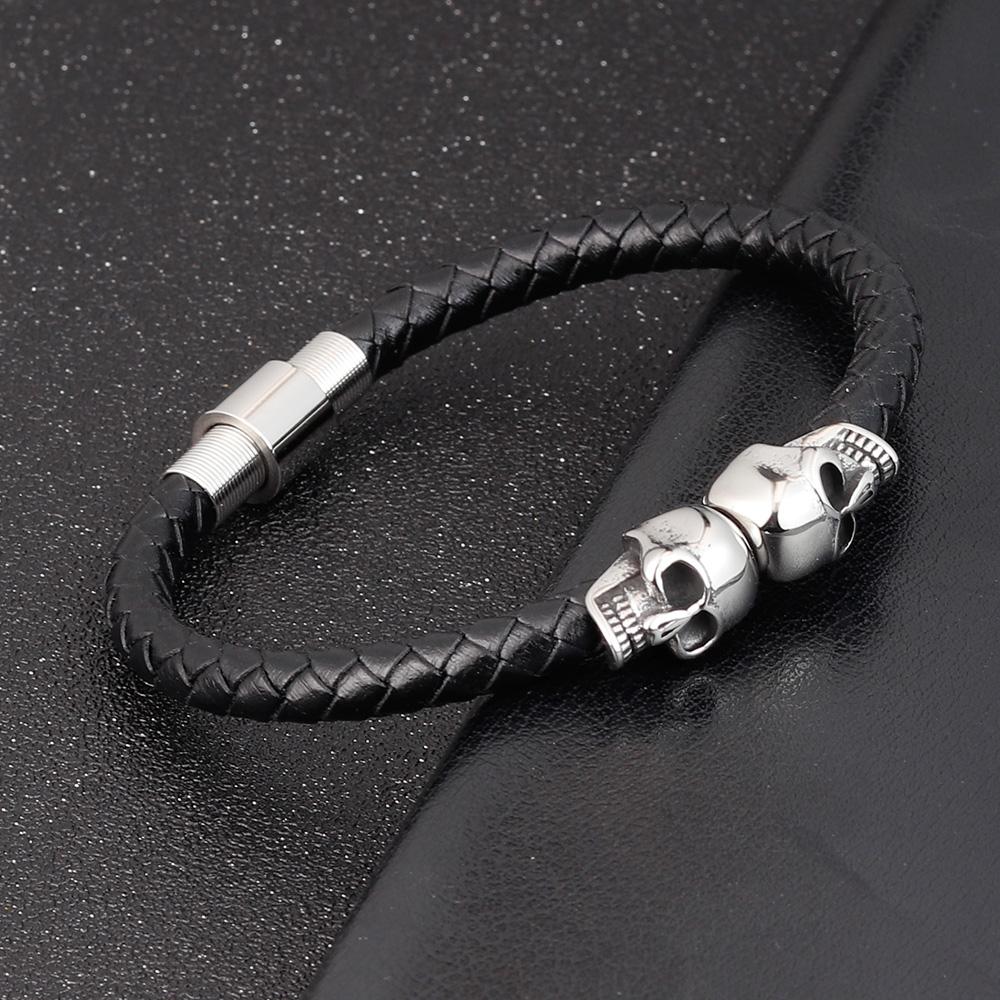 Men's Black Braided Leather Bracelet with Stainless Steel Skull Design Cool Wristband