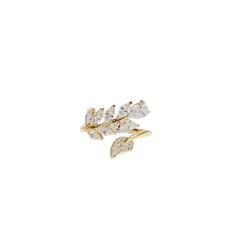 Trendy Leaves Shape Open Rings For Women Gold Silver Color Crystal Copper Ring Female Korean Daily Wear Jewelry Gift