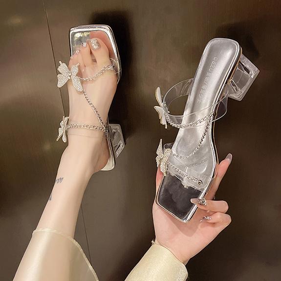Summer Bowknot Rhinestone High Heel Sandal Slippers Women Chunky Heel Transparent Silver High Heel Slippers
