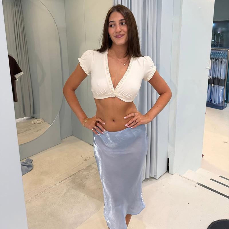 Europe, America spring and summer new women s clothing Spice Girls street fashion versatile V-neck button short button top S белый