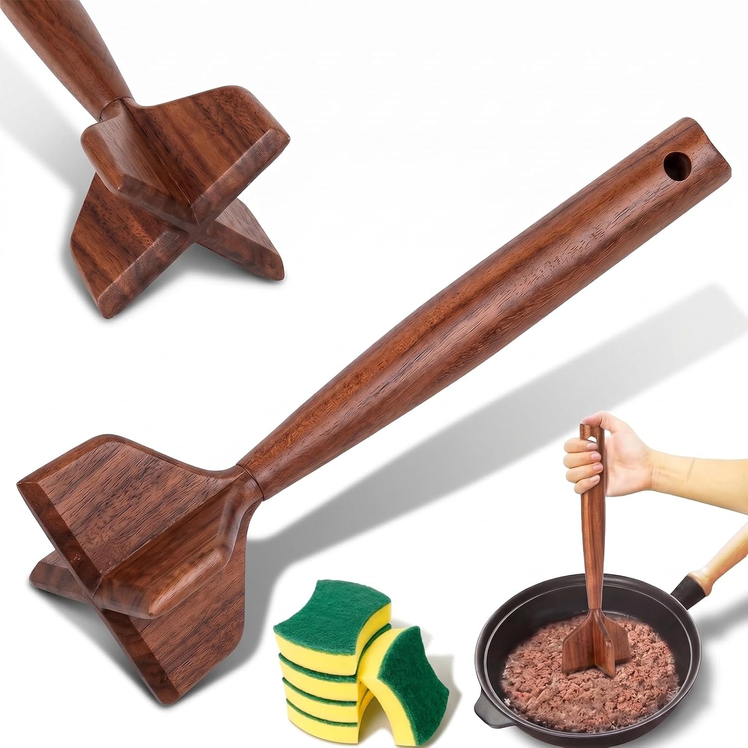 

Potato Masher Tool Wooden Ground Beef Masher Meat Chopper For Turkey Heat Resistant & Scratch-Resistant