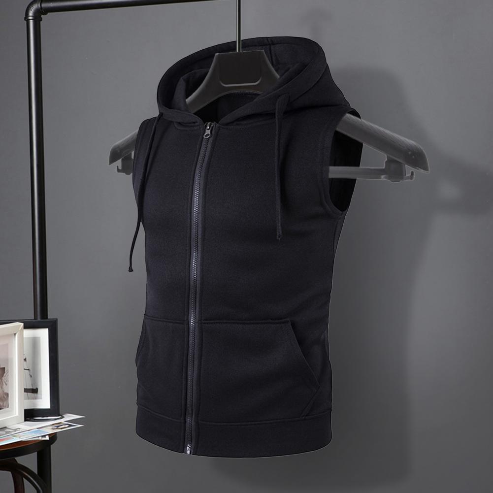 Men Vest Jacket Hooded Drawstring Sleeveless Zipper Placket Vest Coat Solid Color Pockets Zipper Placket Waistcoat