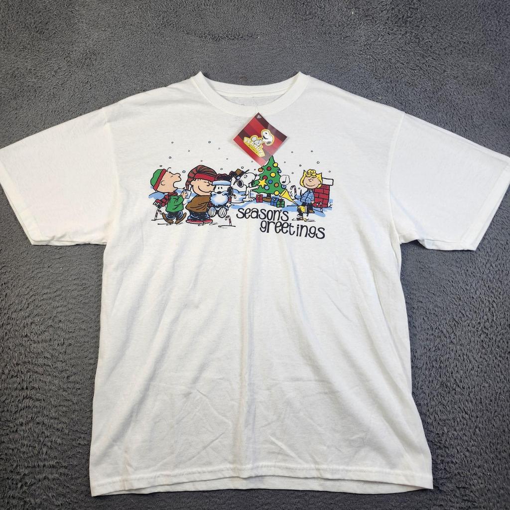 Peanuts Shirt Mens XL White Seasons Greetings Snoopy Christmas Graphic Unisex T-Shirt