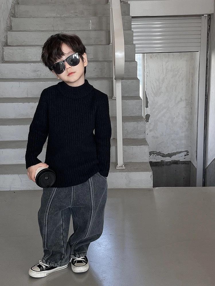 Boys Thick Fleece-Lined Half Turtleneck Solid Knit Base Layer Top for Winter