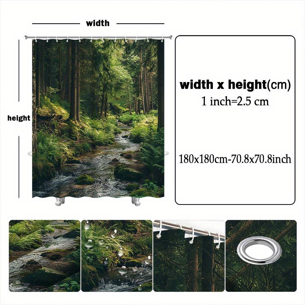 1Pc Serene Forest Stream Bath Curtain Polyester Fabric Bathroom Decor With Moss-Covered Rocks, Tall Pine Trees, And Sunlight Fil