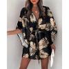 Mini Abito Casual Estivo con Coulisse e Laccetti Stampa alla Moda Maniche a Pipistrello Abito da Spiaggia Sexy Bottoni Scollatura a V Copricostume da Donna per Feste
