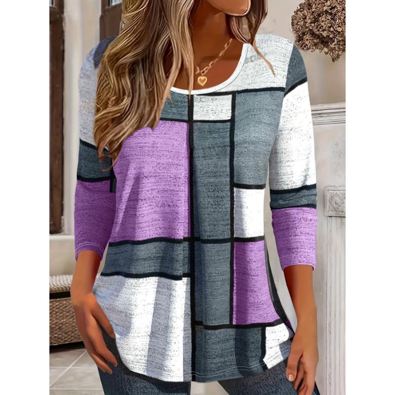 Plus Size Long Sleeve Grid Print T-Shirt, Versatile Crew Neck Top for Spring & Fall, Women's Clothing