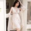 1011 New Ice Silk Sexy Pajamas Two-piece Set Women's Spring and Summer Long Sleeve Suspender Thin Loungewear with Chest Pad