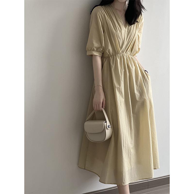 Vintage V-neck Pleated Dress Summer Women's Temperament Tie Waist Mid-length Dress