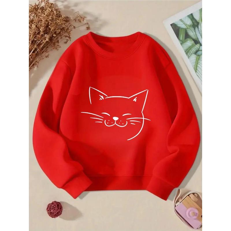 Kids Sweatshirt Crewneck Sweatshirt - White Cat Face On Dark Fabric Machine Washable, Spring And Autumn, Sportswear ,Casual Wear, Soft And Comfortable 110 красный