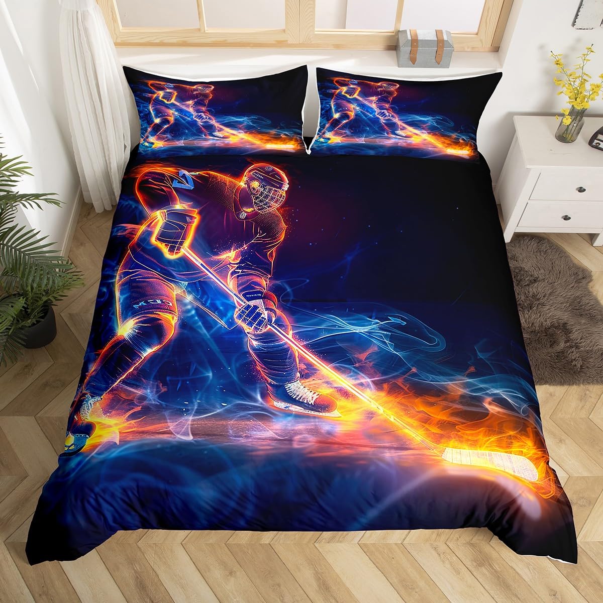 

Graffiti Ice Hockey Duvet Cover Winter Sport Bedding Set Kids Boys Hockey Player Comforter Cover Watercolor Sports Quilt Cover 180*220cm 3pcs