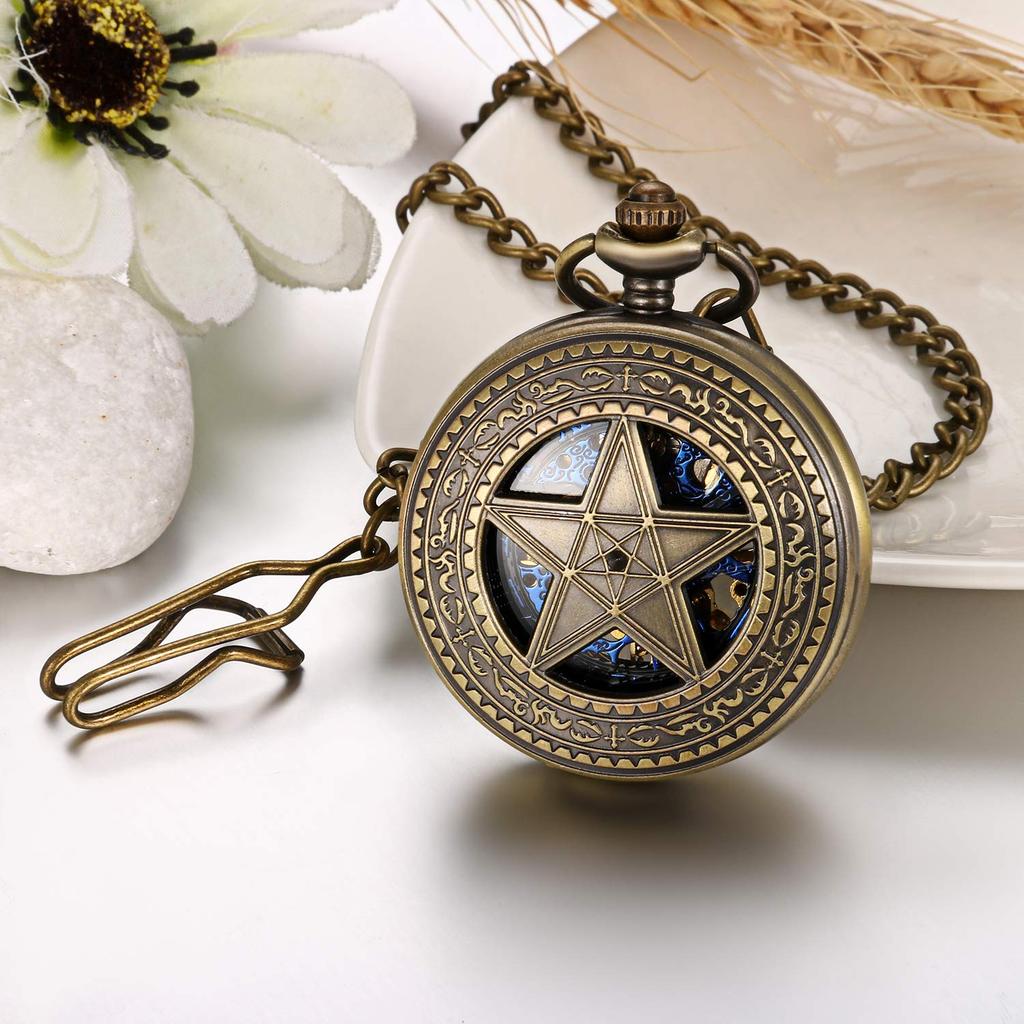 JEWELRYWE Star Pocket Watch Automatic Skeleton Roman Analog Pendant Watch Antique Style Alloy Perfect for Coming-of-Age Day, Birthday, Anniversary, Ch