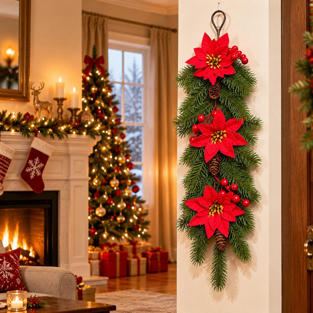 European Style Plastic Christmas Wreath Ornament with Pine Needles and Red Berries