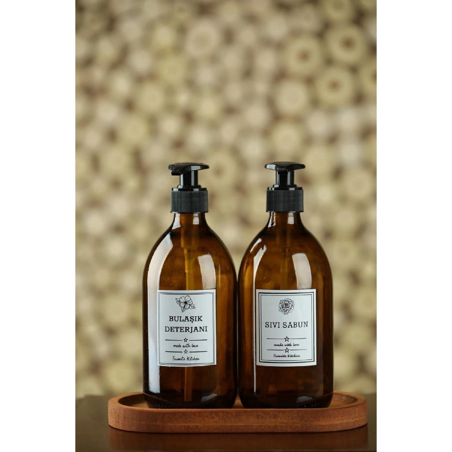 

2-piece Amber Glass Liquid Soap Dishwasher Bottle Soap Dish With Wooden Stand